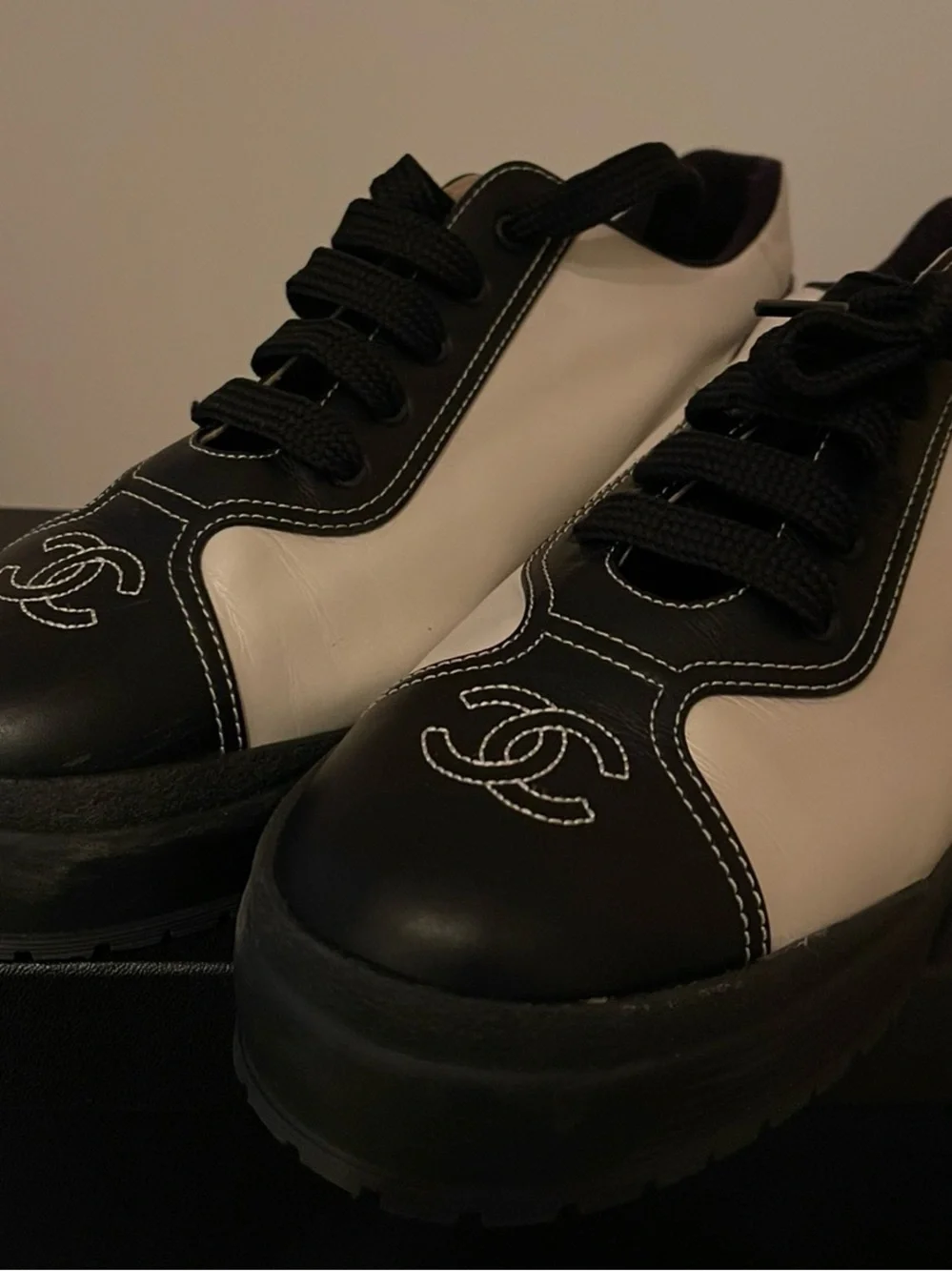 CHANEL Black & White Platform Lace-Up Sneakers with CC Logo